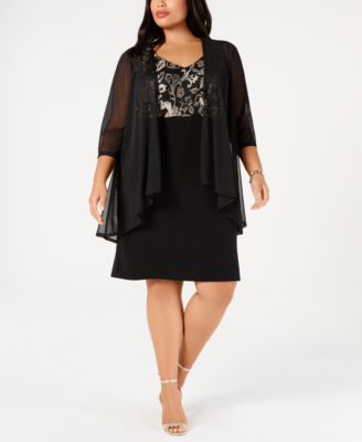 Connected - Plus Size Metallic Embroidered Dress & Mock Jacket