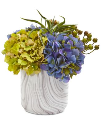 Nearly Natural - Hydrangea & Berries Artificial Arrangement in Faux Marble Vase