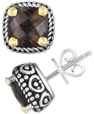 Macy's Brand - Smoky Quartz Two-Tone Stud Earrings (4 ct. t.w.) in Sterling Silver & 14k Gold