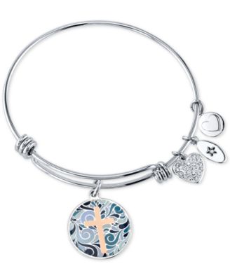 Unwritten - Cross Message & Heart Charm Bangle Bracelet in Stainless Steel & Rose Gold-Tone
