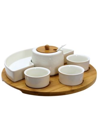 Elama - Signature 8 Piece Appetizer Serving Set with 4 Serving Dishes, Center Condiment Server, Spoon, and Bamboo Serving Tray