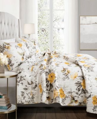 Lush Décor - Penrose Floral Quilt Yellow/Gray 3Pc Set King