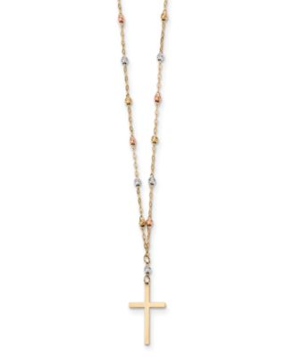 Macy's Brand - Tricolor Beaded Cross 17" Pendant Necklace in 14k Yellow, White & Rose Gold