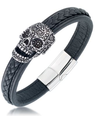 Andrew Charles by Andy Hilfiger - Men's Ornamental Skull Leather Bracelet in Stainless Steel