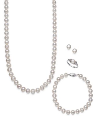 Belle de Mer - 4-Pc. Set Cultured Freshwater Pearl (7-8mm) Necklace, Bracelet, Stud Earrings & Ring in Sterling Silver