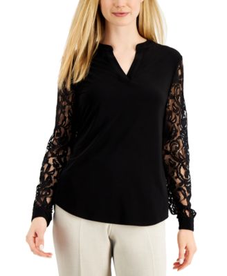 Kasper - V-Neck Lace-Sleeve Top
