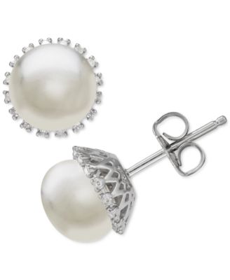 Macy's - Cultured Freshwater Pearl (8mm) & Diamond (1/10 ct. t.w.) Stud Earrings in Sterling Silver