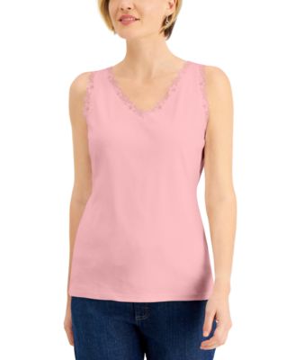 Karen Scott - Petite Cotton Lace-Trim Tank Top