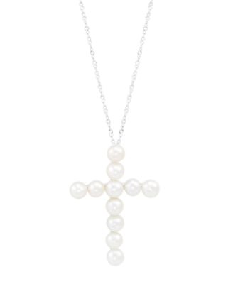 Macy's - Cultured Freshwater Pearl (4mm) Cross 18" Pendant Necklace in Sterling Silver