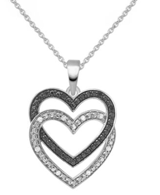 Macy's Brand - Black Diamond (1/10 ct. t.w.) & White Diamond (1/10 ct. t.w.) Double Heart 18" Pendant Necklace in Sterling Silver