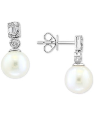 EFFY Collection - Cultured Freshwater Pearl (9mm) & Diamond (1/5 ct. t.w.) Drop Earrings in 14k White Gold
