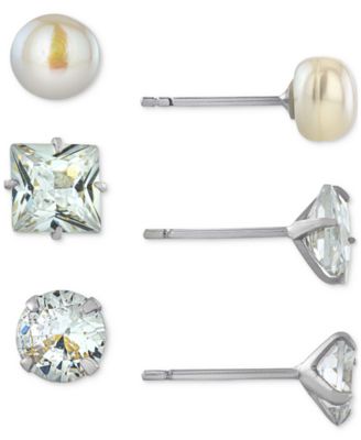 Giani Bernini - 3-Pc. Cubic Zirconia & Cultured Freshwater Pearl (7mm) Stud Earrings in Sterling Silver