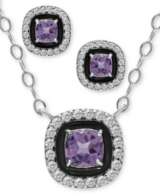 Giani Bernini - 2-Pc. Set Amethyst (1/2 ct. t.w.), Cubic Zirconia & Enamel Pendant Necklace & Matching Stud Earrings (Also in Lab-Created Opal, Green Quartz, & Blue Topaz)