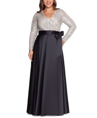 XSCAPE - Plus Size Sequin-Top Solid-Skirt V-Neck Ball Gown