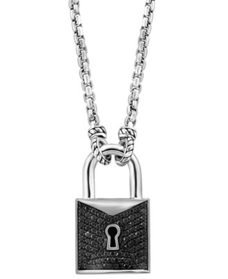 EFFY Collection - Men's Black Spinel Padlock 22" Pendant Necklace (1-1/2 ct. t.w.) in Sterling Silver