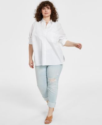And Now This - Trendy Plus Size Oversized Shirt & Ripped Straight Jeans