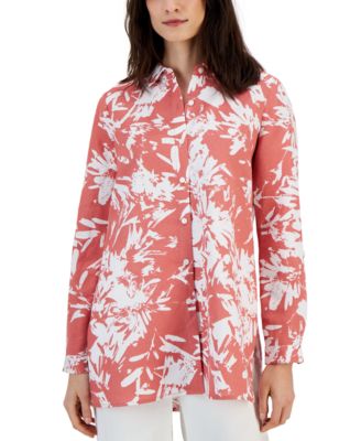 Alfani - Women's Linen-Blend Printed Long Sleeve Buttoned Top