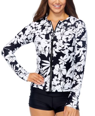 Raisins - Juniors' Floral Long-Sleeve Zip-Front Rash Guard