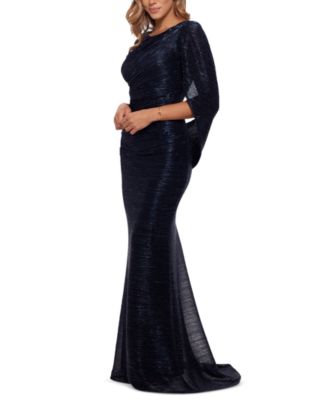 Betsy & Adam - Petite Metallic Crinkled Cape Gown