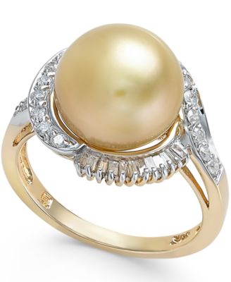 Macy's - Cultured Golden South Sea Pearl (11mm) and Diamond Ring (1/2 ct. t.w.) in 14k Gold