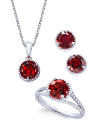 Macy's Brand - Rhodolite Garnet Rope-Style Pendant Necklace, Stud Earrings and Ring Set (5 ct. t.w.) in Sterling Silver