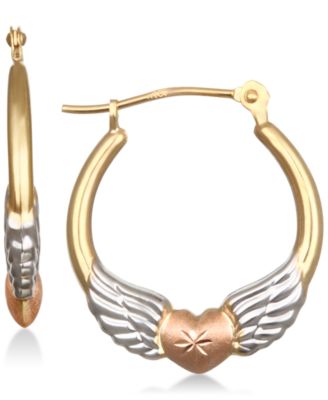 Macy's Brand - Tri-Color Winged Heart Hoop Earrings in 10k Gold