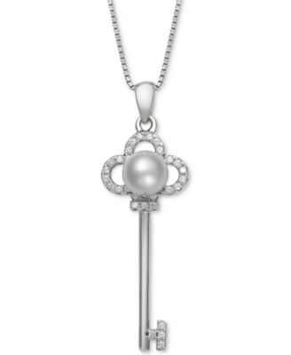 Belle de Mer - Cultured Freshwater Pearl (6mm) & Cubic Zirconia Clover Key 18" Pendant Necklace in Sterling Silver