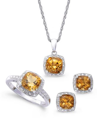 Macy's - Sterling Silver Jewelry Set, Citrine (4-3/4 ct. t.w.) and Diamond Accent Necklace, Earrings and Ring Set