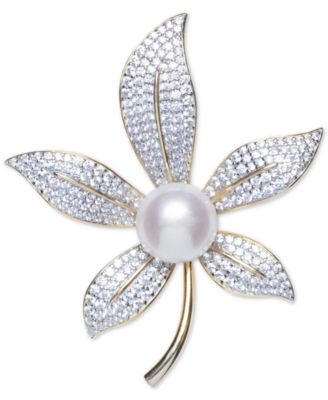 Macy's Brand - Cultured Freshwater Pearl (10mm) & Cubic Zirconia Lily Pin in Sterling Silver & 18k Gold-Plate