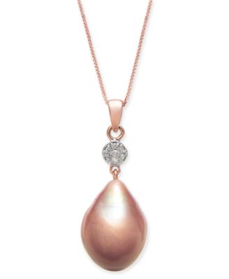 Macy's Brand - Cultured Pink Baroque Freshwater Pearl (12mm) & Diamond (1/20 ct. t.w.) 18" Pendant Necklace in 14k Rose Gold
