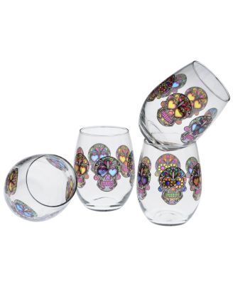 Culver - Sugar Skull Stemless Wine Glass 15-Ounce Set of 4