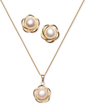 Macy's Brand - 2-Pc. Set Cultured Freshwater Pearl (7mm) Flower Pendant Necklace & Matching Stud Earrings in 18k Gold-Plated Sterling Silver or Sterling Silver