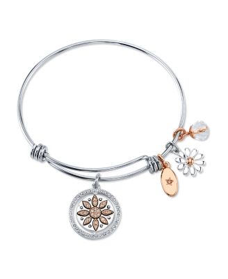 Unwritten - "Live Laugh Love" Flower Bangle Bracelet in Stainless Steel & Rose Gold-Tone