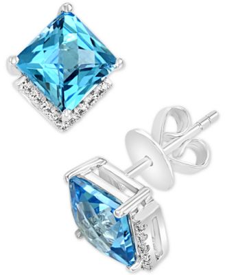 LALI Jewels - Swiss Blue Topaz (4-7/8 ct. t.w.) & Diamond (1/20 ct. t.w.) Square Stud Earrings in 14k White Gold