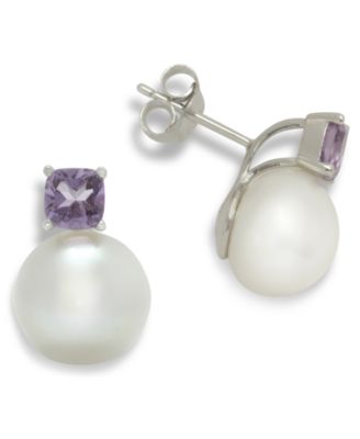 Macy's - Cultured Freshwater Pearl (11mm) & Pink Amethyst (1-1/4 ct. t.w.) Stud Earrings in Sterling Silver