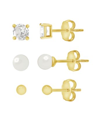 And Now This - Trio Ball Stud, Round Cubic Zirconia Stud and Glass Pearl Stud Set in Fine Silver Plate or Gold Plate, need pearl type