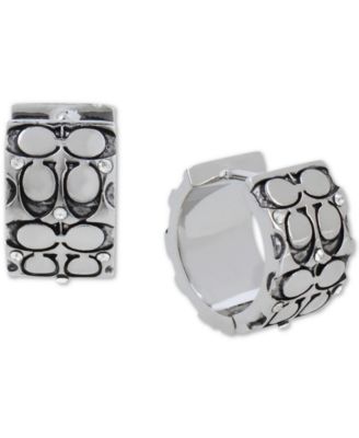 COACH - Silver-Tone Small Crystal Quilted C Wide Huggie Hoop Earrings, 0.5"