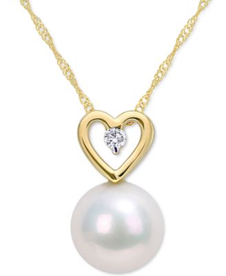 Macy's - Cultured Freshwater Pearl (9-1/2mm) & Diamond (1/20 ct. t.w.) Heart 17" Pendant Necklace in 10k Gold