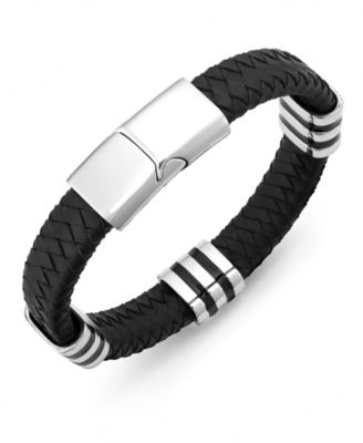 Sutton by Rhona Sutton - Men's Stainless Steel Striped Station and Herringbone Leather Bracelet