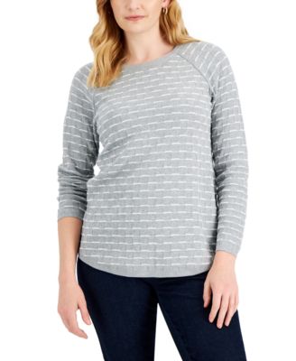 Karen Scott - Petite Cotton Curved-Hem Tuck-Stitch Pullover Sweater
