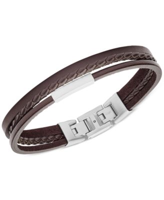 Fossil - Men's Multi-Strand Silver-Tone Steel and Brown Leather Bracelet