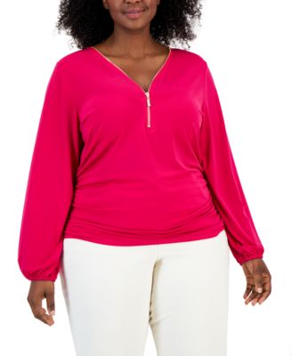 JM Collection - Plus Size Zip-Front Side-Ruched Top