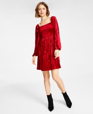 Bar III - Women's Velvet Smocked Long-Sleeve Dress