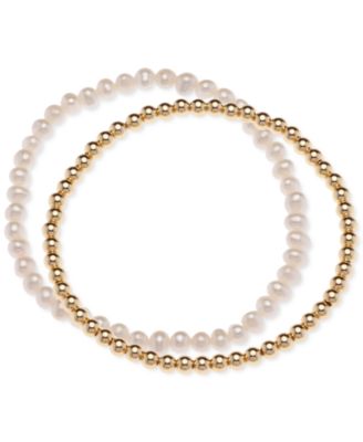 Macy's Brand - 2-Pc. Set Cultured Freshwater Pearl (4-1/2 - 5mm) & Polished Bead Stretch Bracelets in 18k Gold-Plated Sterling Silver