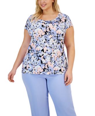 Kasper - Plus Size Floral Cowl-Neck Short-Sleeve Top
