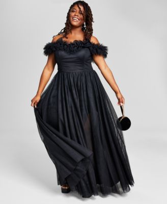 City Studios - Trendy Plus Size Tulle-Trim Off-The-Shoulder Gown