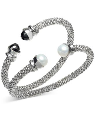 Macy's Brand - 2-Pc. Set Cultured Freshwater Pearl (8-1/4 - 8-1/2mm) & Onyx Popcorn Cuff Bangle Bracelets in Sterling Silver