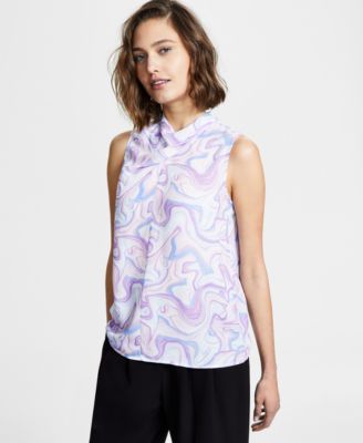 Bar III - Women's Marble-Print Cowl Neck Sleeveless Blouse
