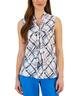 Kasper - Women's Printed Tie-Neck Sleeveless Blouse