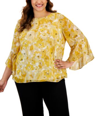 Kasper - Plus Size Floral-Print Ruffle-3/4-Sleeve Top